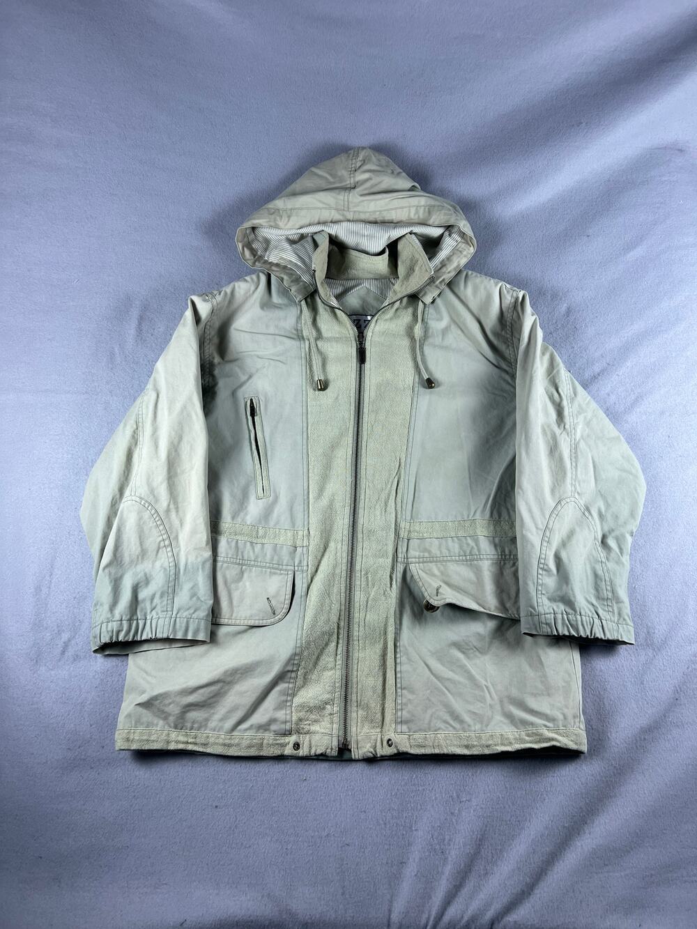 IZZI Field Jacket Mens L Beige Hooded Stripe Lined Utility Classic Outdoor Coat